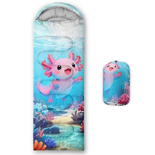 Image of QOOMO Axolotl Cute Camping Sleeping Bags,3 Season Warm & Cool Weather,Lightweight,Waterproof Sleeping Bags for Adults & Kids,Traveling,and Outdoors