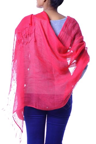 NOVICA Artisan Handcrafted Linen Shawl Wrap from India Accessories Shawls Pink Sangria Solid ' Sheer Hot Pink'2