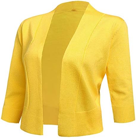 AAMILIFE Women's 3/4 Sleeve Cropped Cardigans Sweaters Jackets Open Front Short Shrugs for Dresses Yellow S