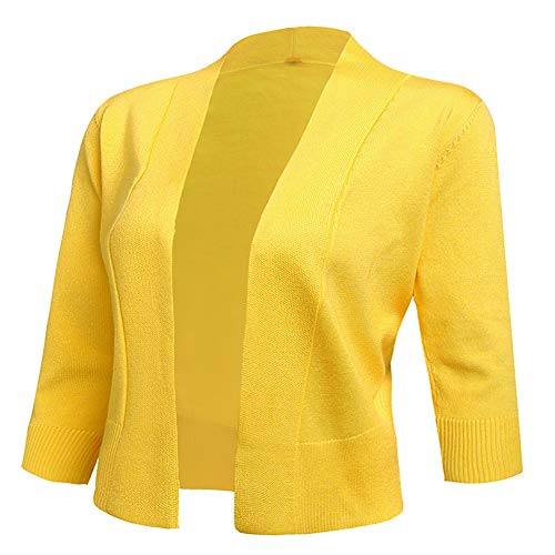 AAMILIFE Women's 3/4 Sleeve Cropped Cardigans Sweaters Jackets Open Front Short Shrugs for Dresses (XX-Large, 4-Yellow)