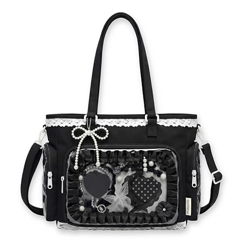 SUSTRALO Black Ita Tote Crossbody Bag with Insert Large Lace Clear Window Pin Display Bag Kawaii Ruffle Ita Bag for Anime Convention(no pins&plushes)