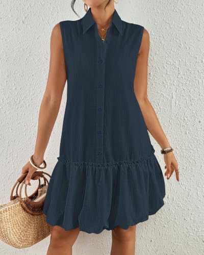 Image of Bsubseach Womens Casual Summer Dresses Sleeveless Linen Bubble Mini Short Dress Button Down Shirt Sundress with Pockets