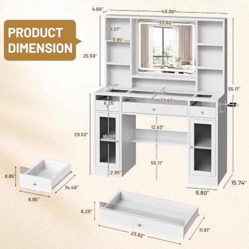 Image of LIVELYGLOW 43.3 inch White Large Makeup Vanity Desk with Glass Top & RGB Lights