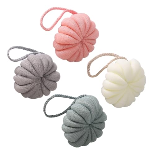 SKISUNO Bolas de Baño Prácticas 4 Piezas Colores Surtidos (verde, Beige, Gris, Rosa) Esponjas Vegetales Suaves para Ducha Delicada y Exfoliación Corporal Segura