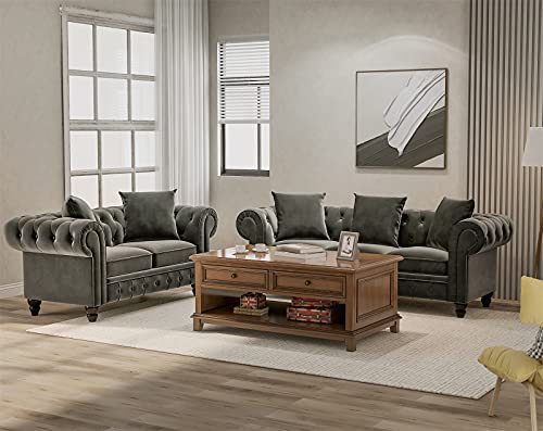 2 Piece Sofa And Loveseat Set, Living Room Sets Furniture, Button Tufted Velvet Upholstered Loveseat & Couch, 5 Pillows Included, Lwflife #TOP1
