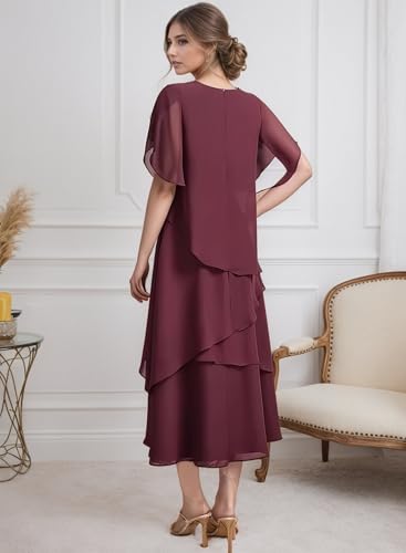 Tea Length Mother of The Bride Dresses for Women Chiffon Short Sleeve Wedding Guest Dress MM0014