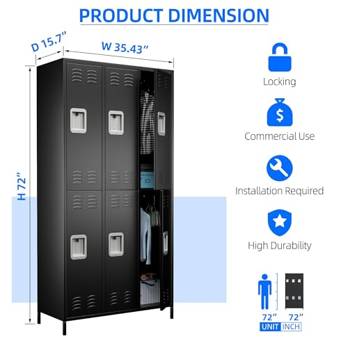Image of SUPEER 6 Door Metal Storage Locker for Employees,Heavy Duty Steel School Locker with Adjustable Shelves and 18 Hooks,Metal Lockers for Office,Gym,Home,72 inchH x 35.4 inchW x 15.75 inchD,Black,Assembly Required