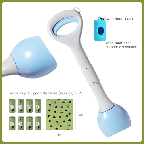 Image of Dog Pooper Scooper Portable with Bag Attachment, One Handed Foldable Design, Includes 120 Waste Bags and Dispenser, 19 Inch Handle for Grass Yard Gravel Cleanup (Blue)