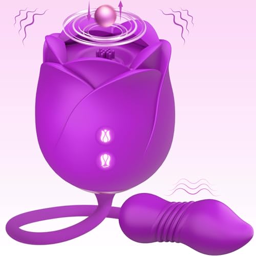 Image of Rose Sucking Vibrator with Thrusting Plug, 9 Suction & Thrust Modes, Clitoral Nipple Sucker, Couple Adult Sex Toys & Games, Silicone Vibrating Dldo
