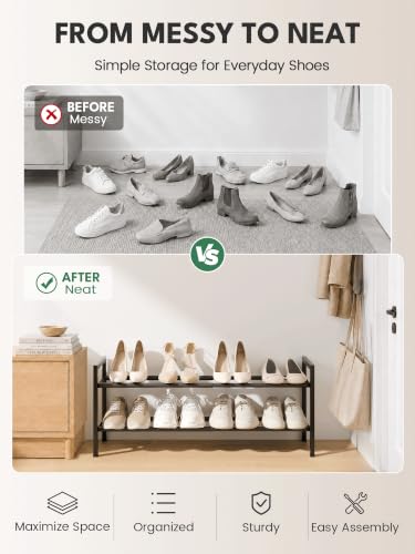 Image of Bumusty 2 Tier Expandable Shoe Rack for Closet, 18 inch-33 inch Adjustable Shoe Rack for Small Space, Small Shoe Organizer for Front Door, Sturdy Metal, Black