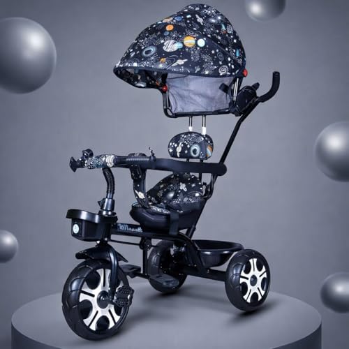 Image of Maanit Kids Tricycle with Canopy & Dual Storage Basket - Toddler Bike with Parental Handle Control, Safety Guardrail & Comfort Seat - Trike for Ages 1.5-5 Years (M692) (Dark Blue)