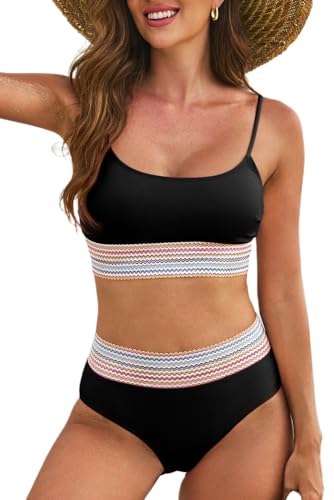Trendy Black Striped Patchwork Swimsuit with High Waist Design