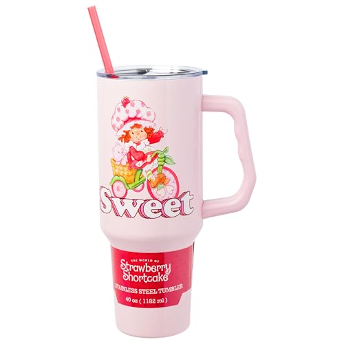 Image of Silver Buffalo Strawberry Shortcake and Custard inchSweet inch Double Walled Stainless Steel Tumbler with Handle, Fits in Standard Cup Holder, 40 Ounces