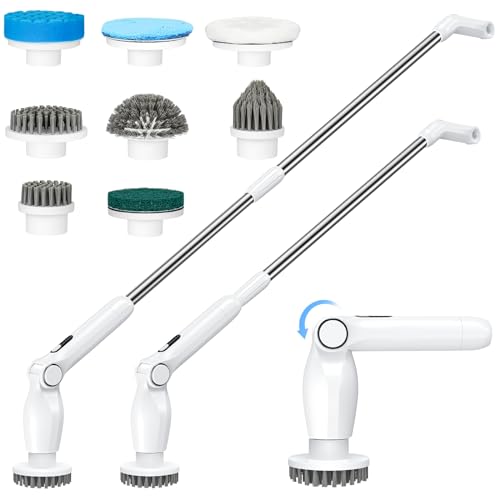 Coovee Cepillo Electrico Limpieza Hogar, 2024 Fregadora Giratoria EléCtrica con 8 Cabezales De Cepillo Intercambiables, 2 Velocidades De áNgulo Ajustable, Escalable A 130cm De Mango para BañO Cocina
