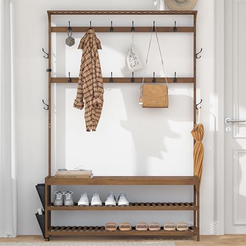 Image of AMBIRD 6-in-1 Bamboo Hall Tree with Shoe Storage, Entryway Organizer Shoe Bench with 16 Coat Hooks and Cloth Bag, Sturdy Bamboo Storage Bench, 46 * 15 * 70 inches Brown