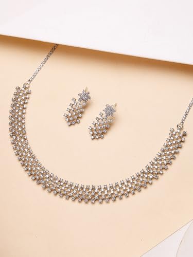Image of Karatcart Silver Toned American Diamond Studded Jewellery Set for Women
