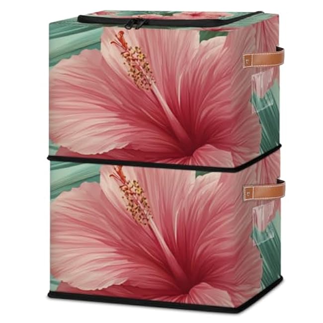 Storage Baskets with Lid Hibiscus Flower Palm Leaves Storage Bins Storage Box Collapsible Canvas Closet Shelf Basket Toy Book Clothes Organizer 2 pack
