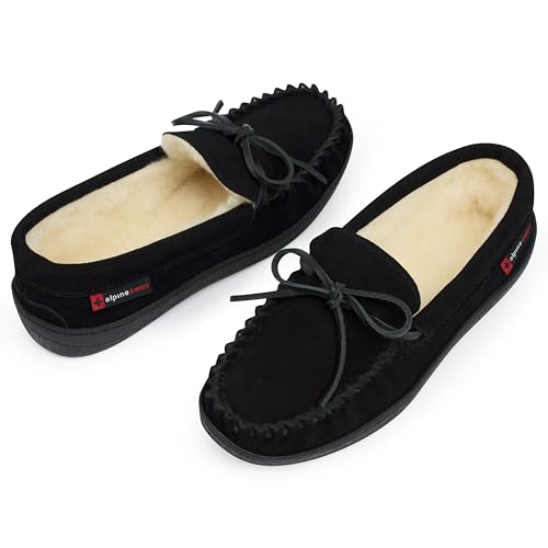 Image of Alpine Swiss Sabine Womens Moccasin Slippers Genuine Suede House Shoe Memory Foam Insole Plush Faux Shearling Fur Indoor Outdoor Anti-Slip Rubber Sole