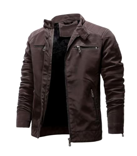 INVACHI Men's Faux Leather Padded Lining Jacket Motorcycle Zipper Jacket with Stand Collar
