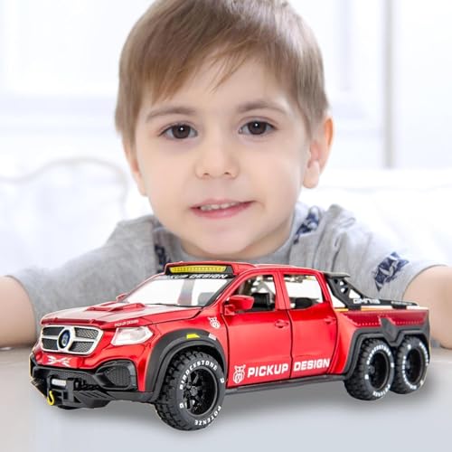 Image of 1:28 Pickup X-Class Model Car Diecast Zinc Alloy Pull Back Toy with Sound & Light Realistic Design Durable Kids Toy for Boys & Girls Collectible Gift 3+ Years (Red)