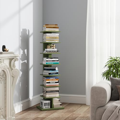 TUTOTAK Bookshelf 8-Tier Bookcase Narrow Spine Book Shelf for Small Space Corner Standing Shelf for Living Room Office Study Entryway Olive Green BS06BOG008