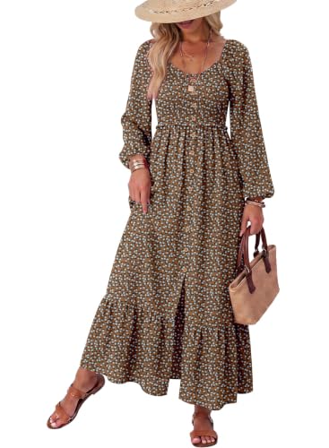 Dokotoo Fall Dresses for Women 2026 Elegant Classy Summer Boho Floral Square Neck Smocked Long Sleeve Button Empire Waist Summer Casual A Line Swing Resort Wear Long Maxi Dress Sundress Large Brown