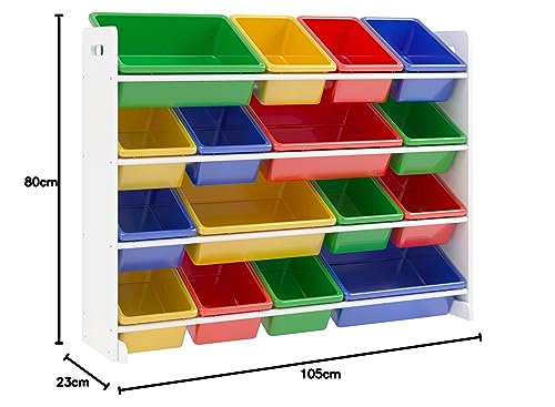 fevarbord Estantería Organizador Juguetes, Estantería Almacenaje Juguetes, Estantería Infantil para Guardar Juguetes, con 16 Cajas, 4 Niveles, de Plástico,106x23x80cm (0071D)