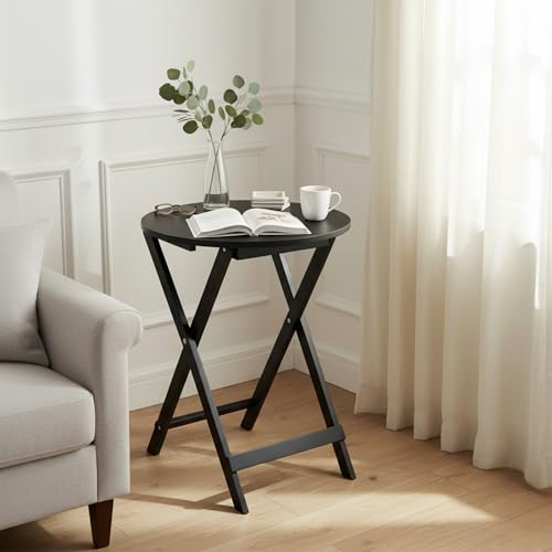 Inde Moblekit Mesa Auxiliar Plegable De Madera Negra 40x49,5 Cm, Mesita Redonda Plegable Pequeña Para Salón, Sofá O Cama, Mesa Auxiliar Salón, Mesas Plegables Portátiles Hogar