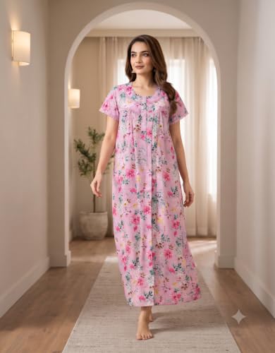 Image of Chikankari Nighty| Nighty for Women Stylish| Night Gown for Women Stylish| All-Over Chikankari Design| Premium Blend Cotton Fabric| Elegant Lace Yoke| Lightweight & Breathable Fabric|