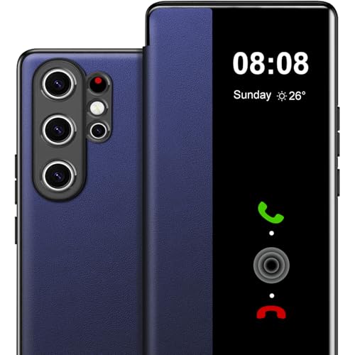 Croazhi Funda para Samsung Galaxy S26 Ultra S View, funda transparente con tapa de piel sintética y fundas de policarbonato rígido, funda de lujo antiarañazos para Samsung S26 Ultra Smartphone (azul)
