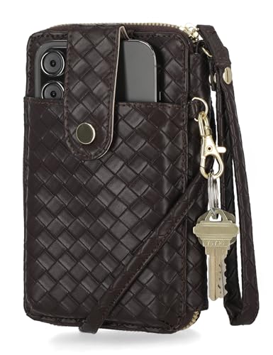 Image of Mundi Jacqui RFID Crossbody Wallet for Women, Vegan Leather Small Travel Handbag with Phone Holder, Compact Organizer with Card Slots and Removable Strap, Vacation Purse in Espresso (Woven)