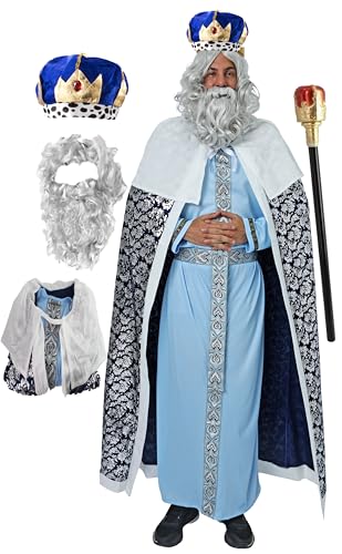 Gojoy shop Disfraz Corona de Rey Mago Baltasar,Caspar,Melchor para Hombres Navidad Carnaval (Contiene Corona,Conjunto Peluca y Barba,Túnica,Capa,Cinturón y Mochila de Cuerdas) (Melchor Classic+Cetro)