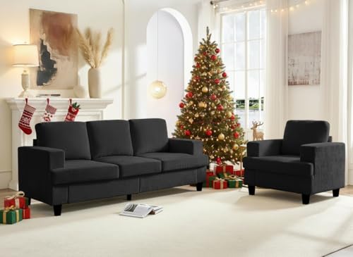Image of Mjkone 82 inch W 2 Piece Living Room Furniture Sofa Set, Modular 3 Seater Sofa Couch and Armchair Sets, Chenille Fabric Sectional Couch Sets for Living Room Studio Home Apartment, Dark Grey