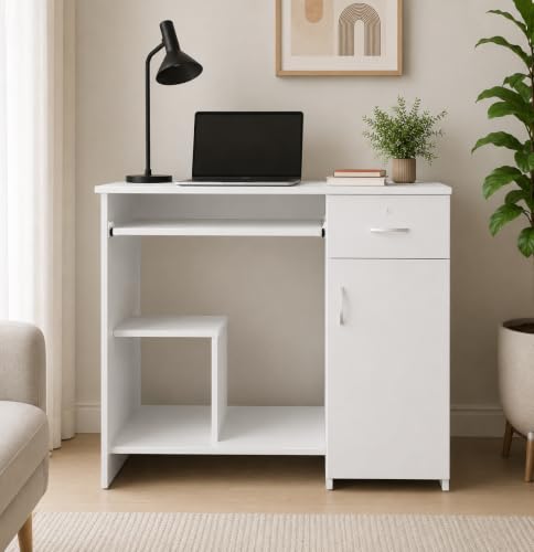 Image of 45x90x76CM Engineered Wood Study & Office Table with Drawer, Cabinet Storage & Keyboard Tray | Sturdy, Foldable DIY Multipurpose Table- White