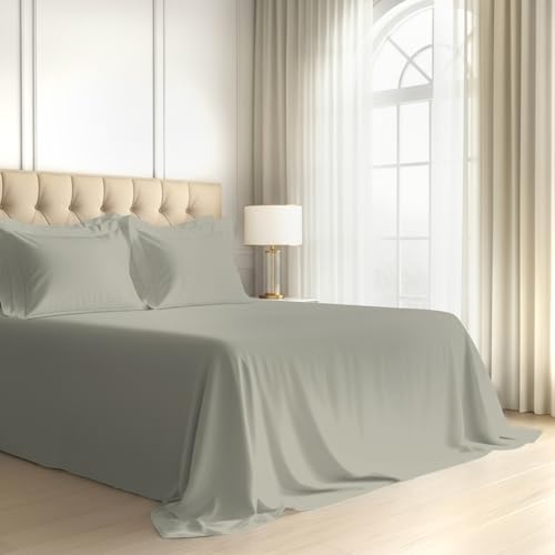Image of Pizuna 100% Cotton Bedsheet Super King Size Silver, 800 Thread Count Long Staple Combed Cotton Flat Bedsheets 108x108 Inches with 4 Pillow Covers, Bed Sheet for Super King Size Bed
