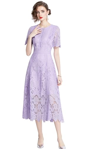 LAI MENG FIVE CATS Women's Flowy Floral Lace Short Sleeve Round Neck Evening Dress