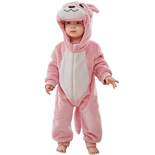 YloveM Unisex Bambino Pagliaccetto Autunno Inverno Incappucciato Pigiama Animale Stile Flanella Cosplay Costume Attrezzatura (18-24 mesi, A- Rosa)