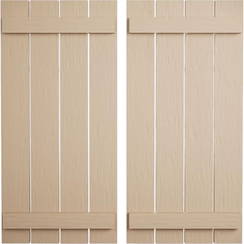 Ekena Millwork 23 1/2"W x 44"H Rustic Four Board Spaced Board-n-Batten Rough Sawn Faux Wood Shutters (Per Pair), Primed Tan