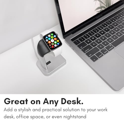 Macally Apple Watch Stand for Series Ultra 10 9 8 7 6 5 4 3 2 1 SE (49mm 45mm 44mm 42mm 41mm 40mm 38mm) - Apple Watch Charger Stand Dock Holder - Sleek Desk iWatch Charging Station - Silver