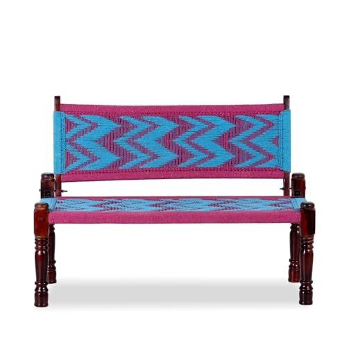 Image of Srima Wooden Bench for Living Room | Handcrafted Sheesham Wood Backrest Bench for Balcony & Garden | Traditional Rajasthani Patio for Outdoor with Cotton Handwoven Rope | Blue and Pink