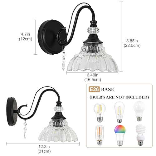 Image of 1 Piece Black Wall Sconce, 1-Light Black Farmhouse Wall Sconce with Hanging Crystal Accents and Flower-Shaped Clear Shades for Bathroom Bedroom Living Room,Vintage Vanity Light