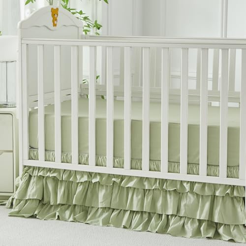 Image of Brandream Crib Skirt Triple Layer Cotton Nursery Bed Skirt for Baby Girls Boys Toddler Bedskirt Solid Color Light Green Dust Ruffle Gender Neutral Farmhouse Chic Boho Bohemian Skirt