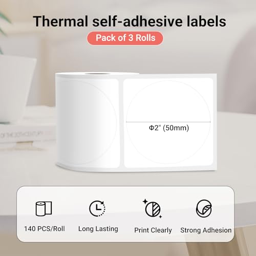 ORGBRO Etiketten, Mehrzweck-Thermoetiketten für Z3 Etikettendrucker, Runde Selbstklebe Label für Supermarkt, Kleingewerbe, 50 x 50 mm, 140 Etiketten/Rolle, 3 Rollen, Schwarz auf Weiß