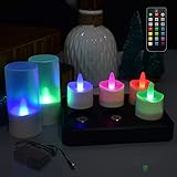 HL Rechargeable Tea Lights Candle,Flameless Candles, Flickering Working 52 Hours Waterproof Tealights with Remote & Timer for Home Party Restaurant Decoration , RGB, 6 Pack