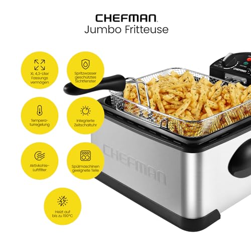 Chefman Friteuse met zeef, XL Jumbo formaat, instelbare temperatuur en timer, perfect voor gefrituurde kip, garnalen, chips en meer, afneembaar oliereservoir, roestvrij staal - Afbeelding 3