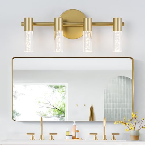 Image of 4 Light Bathroom Light Fixtures, Gold Modern Vanity Lights with Acrylic Shades, 3000-6000K Dimmable Bathroom Wall Lamp for Mirror Kitchen Living Room Hallway Cabinet Porch