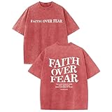Weetiotio Christian Faith Over Fear Shirt for Men Jesus Religious Shirts Oversized Graphic Tees Acid Wash God T-Shirt(Rust Red,M)