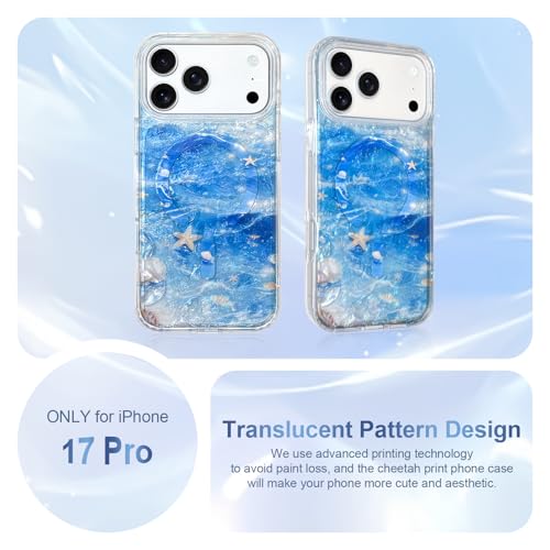 Image of AIGOMARA Cute Case for iPhone 17 Pro Case for Women Girls [Compatible with Magsafe] Translucent Sea Pattern Design, Aesthetic Girly Summer Magnetic Protective Phone Cover, Ocean Blue