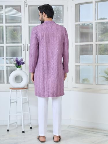 Image of See Designs Men's Full Sleeve Mandarin Collar Sequins Embroidered Straight Long Kurta - Festive Collection