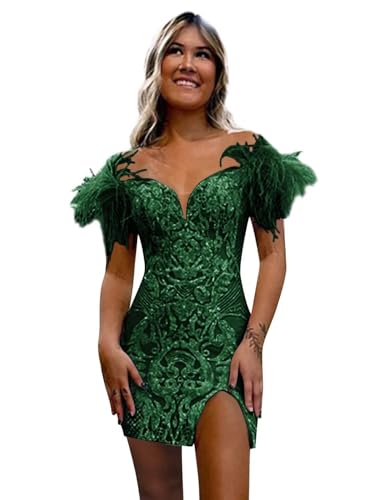Off The Shoulder Homecoming Dresses with Feather Sparkly Sequin Short Prom Cocktail Dress
